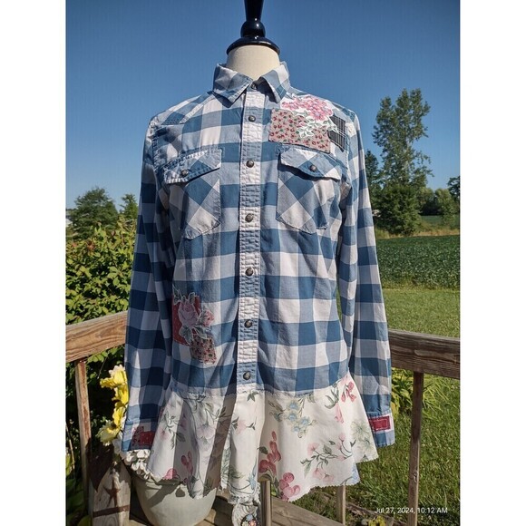 Custom OOAK Snap Front Shirt Patchwork Peace Roses  Boho Shabby Hippie Cottage - Picture 1 of 10